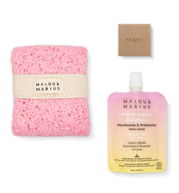 Discover the trio: body sponge, hand cream, and mini soap