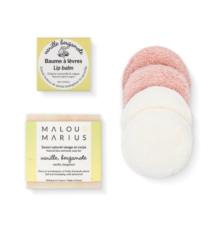 Coffret cadeaux soin / savon solide, lingettes et baume lèvres